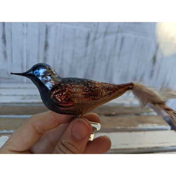 Glass feather bird blue brown Xmas tree